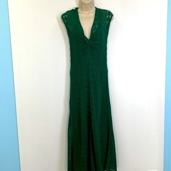 Zara - VNeck Crochet Dark Green Lined Cap Sleeve Sweater Maxi Dress Size Small - Picture 2 of 15